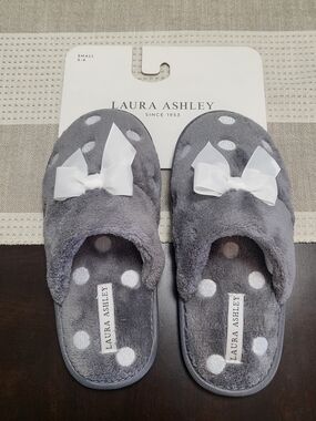 Laura Ashley Gray Polka Dot Plush Slippers with White Bows